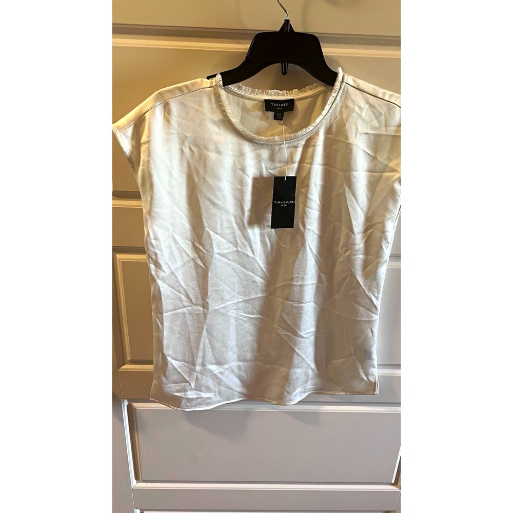 Tahari ASL Women's White Solid Satin Round Neck Cap Sleeve Pullover Blouse XS